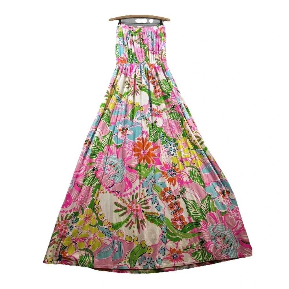 Lilly Pulitzer Target Strapless Maxi Dress Large Pink Floral Tropical Boho - Picture 11 of 16